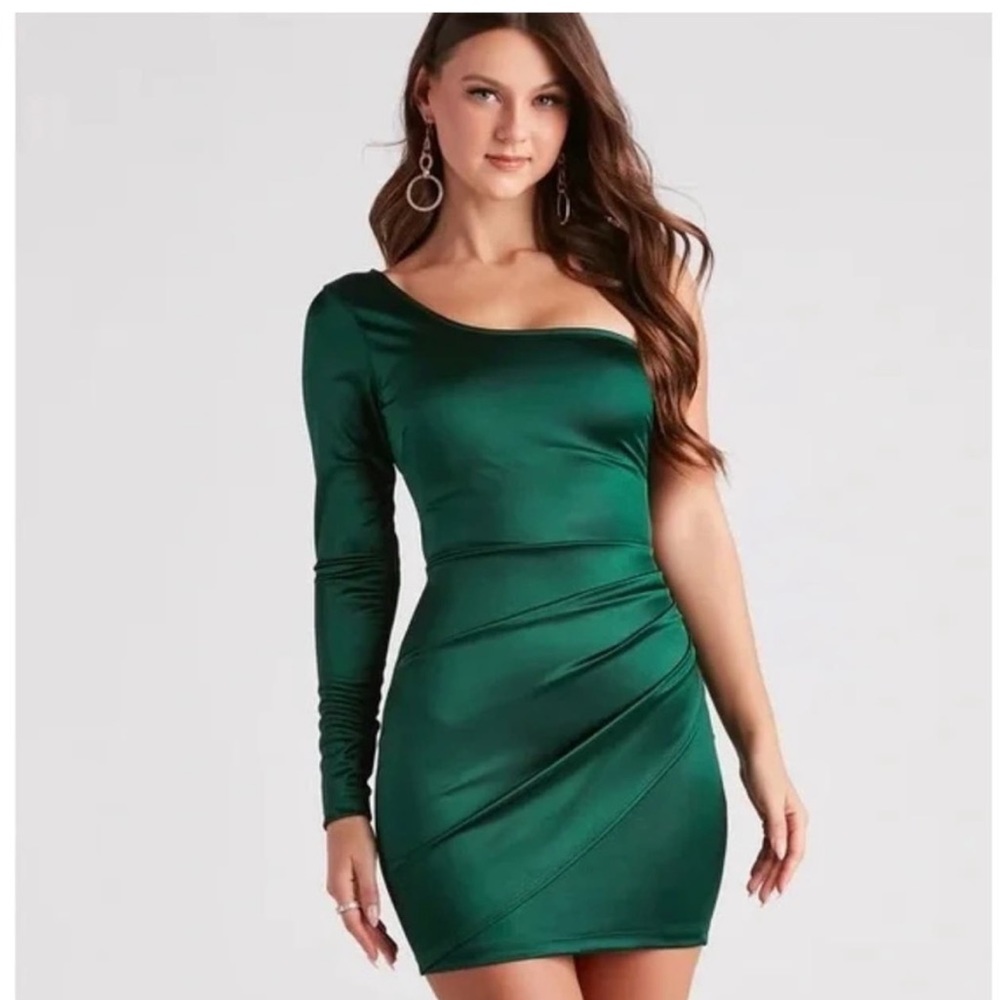Windsor One Shoulder Dark Green Mini Dress
